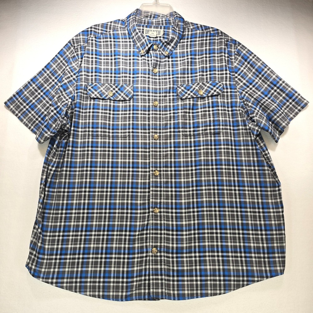 Duluth Trading Co Mens 2XL Blue Plaid Relaxed Fit SS Button Down Shirt 51706